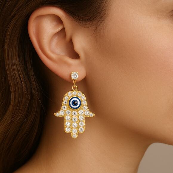 Evil Eye Gold Tone Crystal Dangle Earrings - Picture 1 of 3